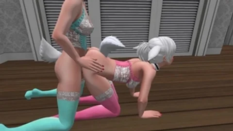 2 Bunny girls In Bright Colored nylons & lingerie doggy style Sex - SL anime Furry