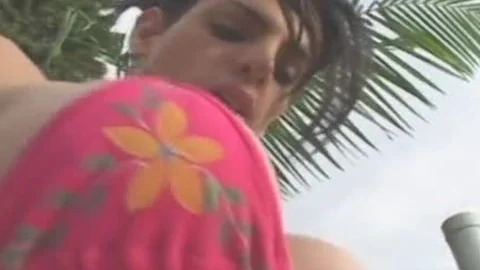 guy Rails brunette hair ladyboy On Patio